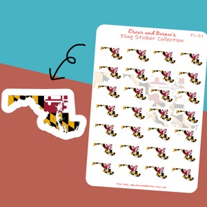 May include: A sheet of Maryland flag stickers with a single sticker detached. The stickers feature the Maryland state flag design in black, yellow, red, and white. The sheet is labeled "Oscar and Bernie's Flag Sticker Collection."
