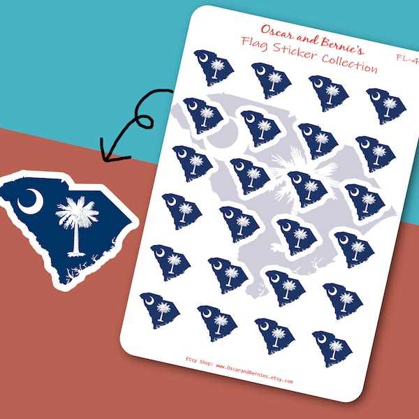 South Carolina Map-shaped Flag Sticker Sheet | South Carolina Flag | Envelope, Journal | 24 individual stickers | Palmetto State