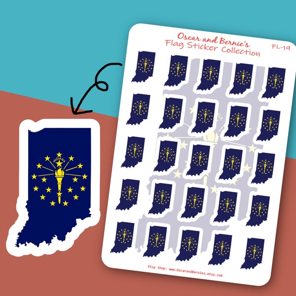 Indiana Map-shaped Flag Sticker Sheet | Envelope & Journal | 25 individual stickers | Hoosier State