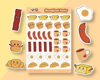 Peut inclure: Une feuille d'autocollants représentant différents aliments du petit-déjeuner avec des visages mignons. Les autocollants comprennent du bacon, des œufs, des toasts, du beurre, du café, des saucisses et des croissants. La feuille est intitulée "Breakfast Party" et comprend le texte "Oscar and Bernie's" et "Designed and Made by Jya".