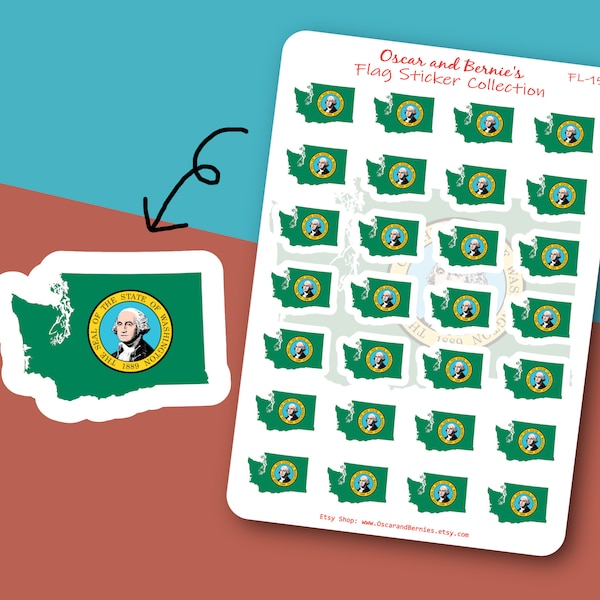 Washington Map-shaped Flag Sticker Sheet | Envelope & Journal | 28 individual stickers | Evergreen state