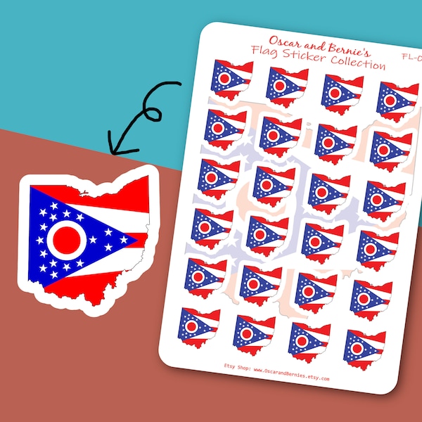 Ohio Map-shaped Flag Sticker Sheet | Ohio Flag stickers | Envelope & Journal | 24 individual stickers | Buckeye State