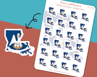 Peut inclure: Une feuille de 35 autocollants représentant le drapeau de l'État de la Louisiane. Chaque autocollant présente un fond bleu avec un pélican blanc et un nid de bébés pélicans. Le texte "UNION JUSTICE CONFIDENCE" est imprimé sous le pélican. Les autocollants sont imprimés sur du papier blanc.