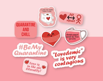 Peut inclure: Un ensemble de neuf autocollants sur le thème de la Saint-Valentin avec différents motifs et phrases, notamment "Quarantine and Chill", "#BeMyQuarantine", "L'amour est dans l'air, littéralement !", "Lovedemic est très contagieux", "Covid ne peut pas masquer mon amour pour toi", "Je t'aime plus que je n'aime", "6 pieds d'écart", et deux motifs de cœur.