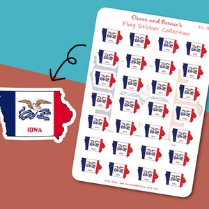 Iowa Map-shaped Flag Sticker Sheet | Iowa Flag | Envelope, Journal | 28 individual stickers | Hawkeye State, Corn State