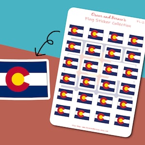 Feuille d'autocollants en forme de carte du Colorado | Drapeau du Colorado | Enveloppe |  Revue | 24 stickers individuels | État du centenaire
