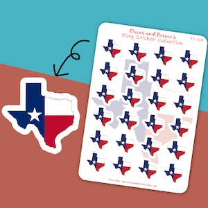 Feuille d'autocollants en forme de carte du Texas | Autocollants drapeau du Texas | Autocollants pour enveloppes | autocollant de journal | 24 stickers individuels | État de l'étoile solitaire