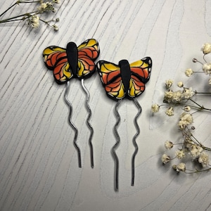 Handmade Monarch Butterfly hairpins – Polymer Clay hair accessories – One of a Kind Nature-Inspired Gift – Orange Black Yellow