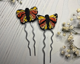 Handmade Monarch Butterfly hairpins – Polymer Clay hair accessories – One of a Kind Nature-Inspired Gift – Orange Black Yellow