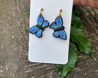 Blaue und schwarze Schmetterling Ohrringe, 24k vergoldet