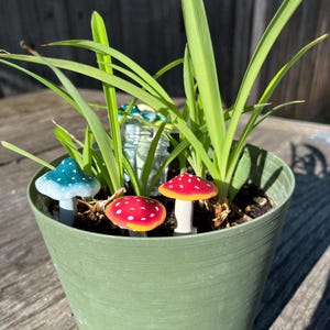 Glow in the Dark Mushroom Plant Stakes – Polymer Clay Garden Decor for Indoor Planters – Fairy Garden Accessories – Red, Green, Blue, Purple