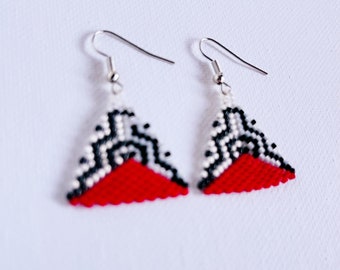 Black White and Red Geometric Triangle Dangle Earrings