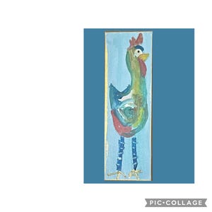 Whimsical Folk Art French Country Rooster-- original signed original acrylic on 4x12 vertical deep profile canvas