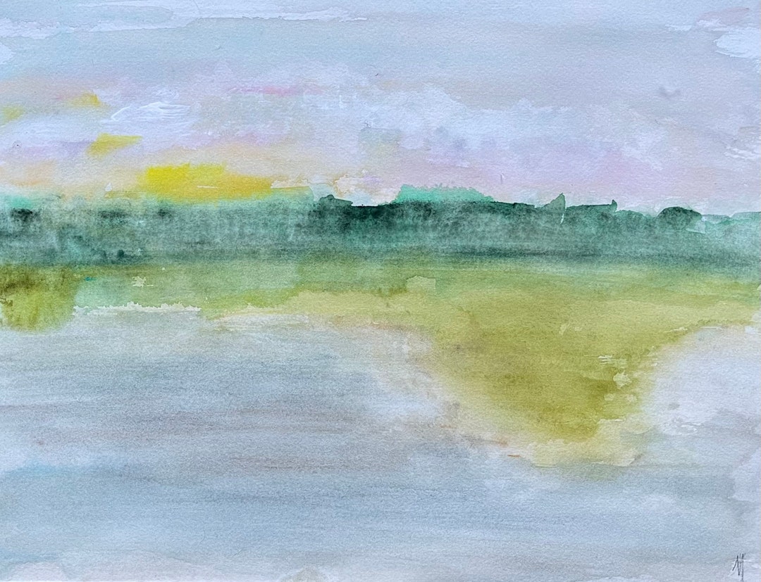 Original Signed Abstract Watercolor Marsh Sunset Waterscape Scene 12x16 ...