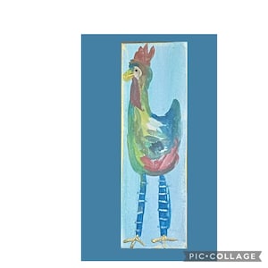 Whimsical Folk Art French Country Rooster-- original signed original acrylic on 4x12 vertical deep profile canvas