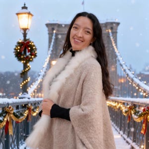 May include: A beige poncho with a white fur collar is worn over a black top and blue jeans. The background features a snowy bridge decorated with Christmas lights and a lamp post with a wreath.