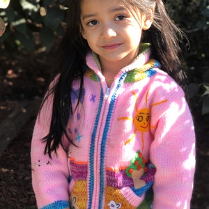 May include: A light pink knit zip-up sweater featuring a colorful embroidered sun, a white llama, and a tree motif. The sweater has a high collar, long sleeves with multi-colored striped cuffs, and a full-length front zipper closure.