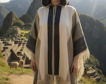 Neutral Tone Alpaca Poncho with hood and trim