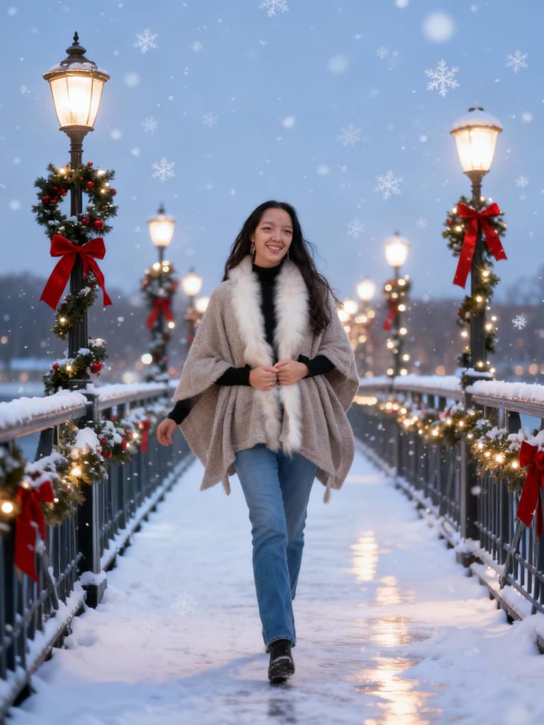 May include: A woman wearing a beige cape with a white fur collar and blue jeans walks on a snow-covered bridge. The bridge is decorated with Christmas lights and red bows. Snowflakes fall in the air, and the scene is illuminated by street lamps.