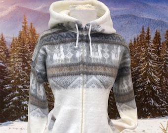 May include: A white, gray, and brown zip-up hoodie featuring a repeating pattern of llamas and geometric shapes. The garment has a solid white lower section, a hood with white drawstrings, and a full-length front zipper closure.