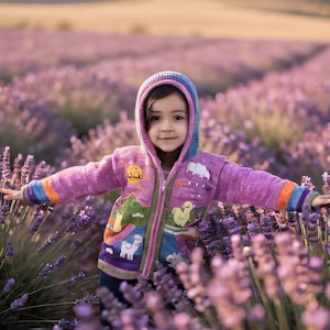 May include: A child's purple hooded jacket with colorful embroidered designs of a sun, mountains, a cloud, and animals. The jacket has a rainbow-striped hood and cuffs, and is worn in a field of lavender flowers.