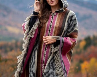 pink fringe geometric aztec design alpaca cape