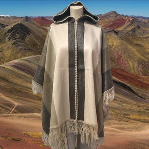 Neutral Tone Alpaca Poncho with hood and trim