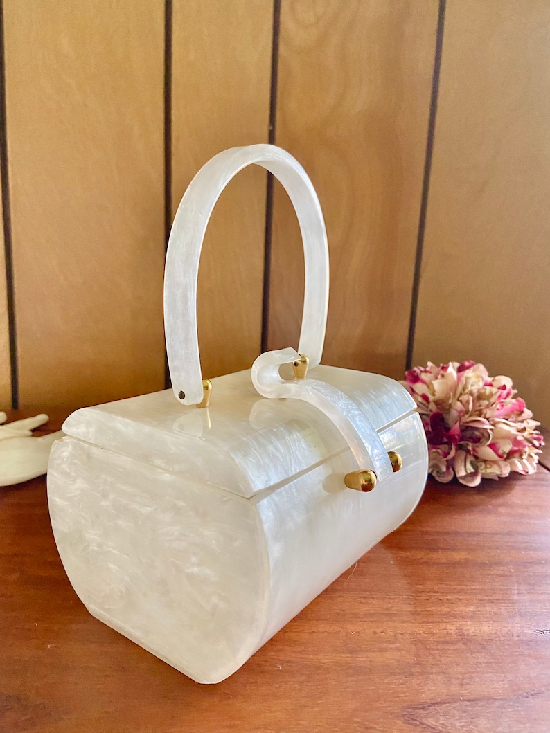 1950s Accessories | 50s Scarves, Belts, Parasols, Umbrellas     Vintage Wilardy White Lucite Purse $120.00 AT vintagedancer.com