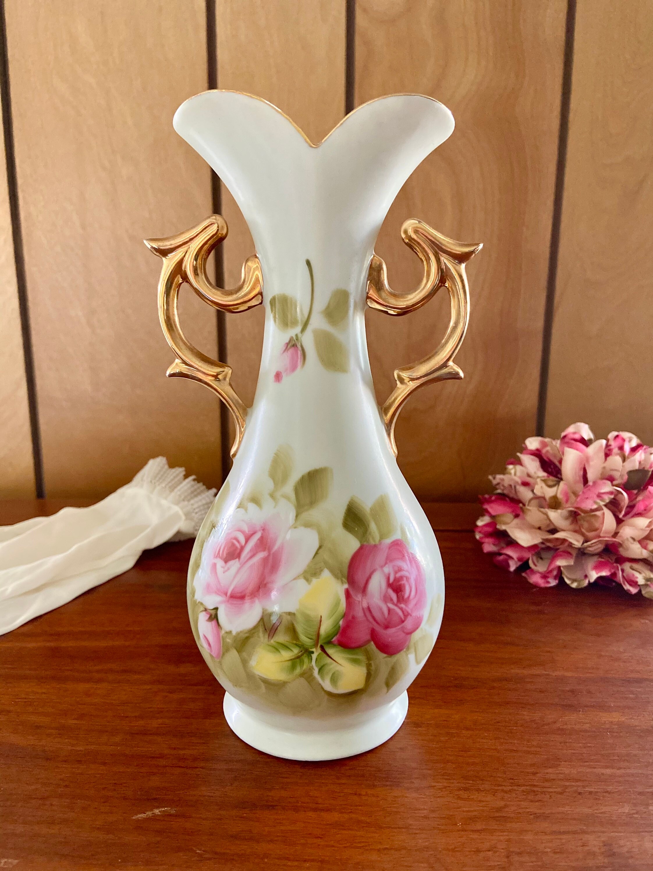 Vintage Lefton Green Heritage Rose Vase Etsy