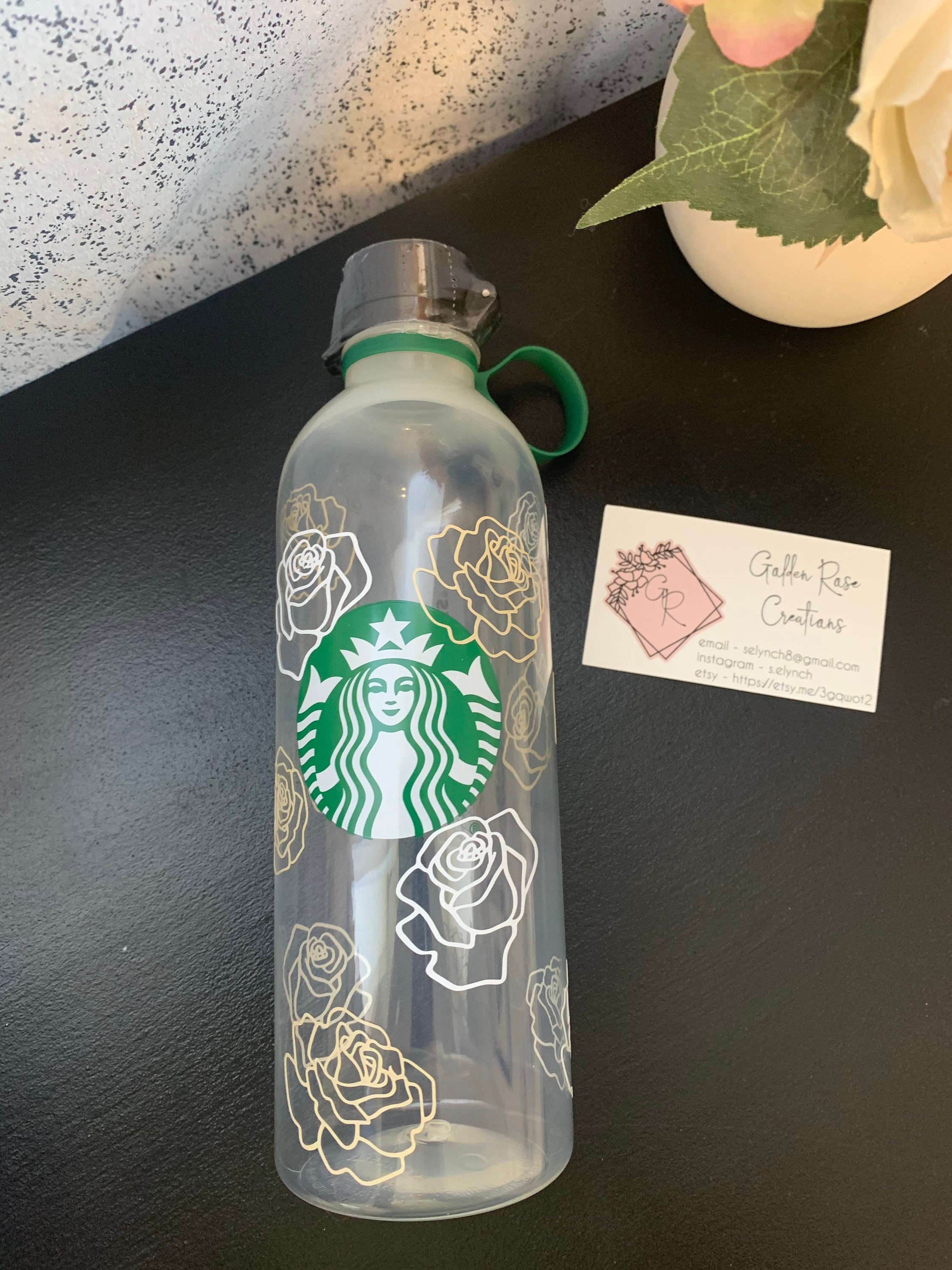 Starbucks water bottle with gold and white roses Etsy