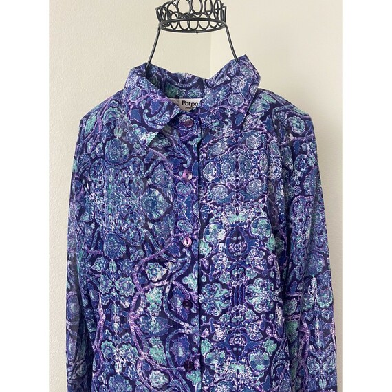 Vintage 80s Floral Paisley Blouse Womens Plus Size 20W Blue Purple Sheer Lined Crepe Padded Shoulders Buttoned Back Top Plaza South Woman