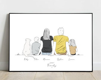 Affiche famille personnalisée - Portrait de famille  - Famille de dos - Cadeau saint Valentin - Fête des mères-  Fête des pères