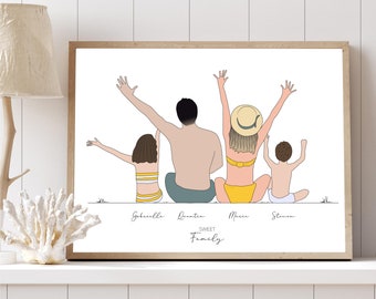 Affiche famille personnalisée - Portrait de famille  - Famille de dos - Cadeau saint Valentin - Fête des mères- Famille à la plage