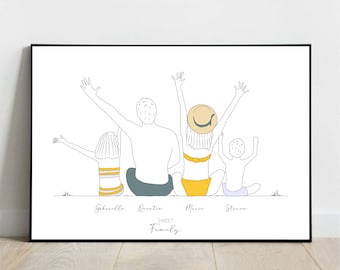 Affiche famille personnalisée - Portrait de famille  - Famille de dos - Cadeau saint Valentin - Fête des pères- Famille à la plage