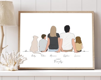 Affiche famille personnalisée - Portrait de famille  - Famille de dos - Cadeau saint Valentin - Fête des mères