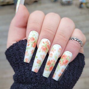 Floral press on nails | Coffin nails| Luxury press on nails| Fake nails| Glue on nails| Gel nails| white nails| white floral nails