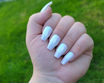 White chrome nails| Mermaid nails| Luxury press on nails| Fake nails| Glue on nails| Gel nails| Wedding nails| Bridal nails| Chrome nails