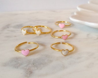 Self Love-  24k Shiny Gold Heart Rings, Pink Enamel / Pearl Heart Ring, Adjustable Ring, Stacking Heart