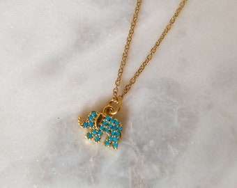 Blue Elephant - 24k Shiny Gold Charms, Micro Pave Elephant Charms, Cubic Zirconia Charms, Turquoise Stone Beads, Gold Plated Charms
