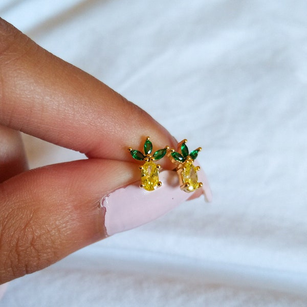 Pineapple Earrings- 16k gold plated stud earrings, fruit earrings, Dainty rings, fun rings, timeless rings