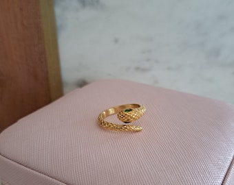 Snake Ring- Tarnish free rings, waterproof, Adjustable Green Eye Snake Head Shape Ring 18K Gold Plated Stainless Steel Gold Snake Ring
