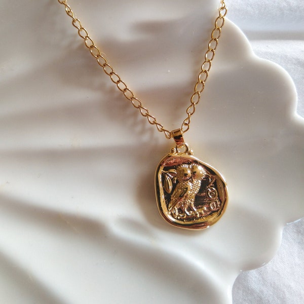 Athena- 18K Gold Plated Owl Wisdom Pendant Medallion With Freedom written on the back