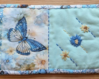 Textile Art Computer Mug Rug: Hand Stitched Embroidered And Quilted. Unique Fabrics. Original Designs