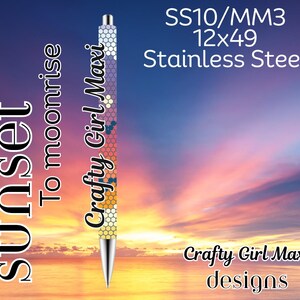 May include: A stainless steel pen with a sunset-themed design. The pen features a honeycomb pattern with floral accents in shades of yellow, blue, and white. The text "Sunset To moonrise Crafty Girl Maxi" is printed on the pen. The pen measures 12x49.