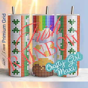 May include: Three 20 oz stainless steel tumblers with a rainbow, green, and red pixelated design. The tumblers are on a white shelf.