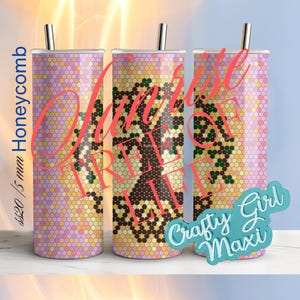 May include: Three stainless steel tumblers with a honeycomb pattern and a colourful tree of life design. The tumblers are 20 oz and have a honeycomb pattern. The text "Crafty Girl Maxi" is on the bottom of the tumblers.