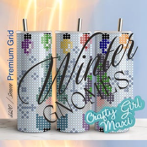 May include: Three 20 ounce stainless steel tumblers with a white background and colorful pixelated gnome designs. The tumblers are labeled "Winter Gnomes" and "Crafty Girl Maxi".
