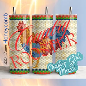 May include: Three 20 ounce stainless steel tumblers with a country rooster design in a honeycomb pattern. The tumblers are red, yellow, blue, and green. The text "Country Rooster" is written in red on the tumblers. The text "Crafty Girl Maxi" is written in blue on the bottom of the tumblers.