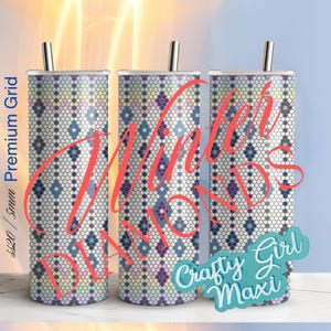 May include: Three stainless steel tumblers with a geometric pattern in shades of blue, purple, and white. The tumblers are 20 ounces and have a diamond pattern. The text "Winter Diamonds" is written in red on the tumblers. The text "Crafty Girl Maxi" is written in blue on the tumblers.