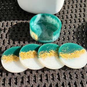 Set of 4 Coasters with holder, Resin Coasters, Drink Coasters, Epoxy Resin Coaster, Elegant Coaster set.